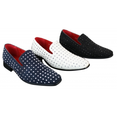 Mens Suede Slip On Loafers Shoes Stud Spikes Silver Smart Casual Shiny Party