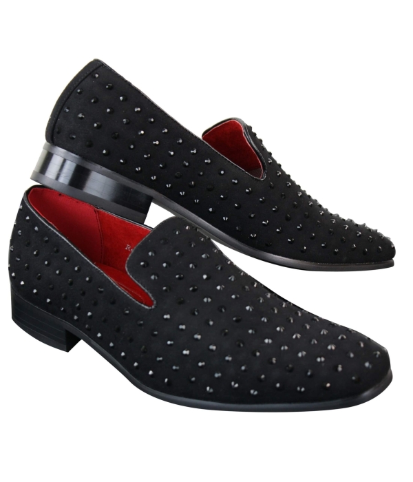 Mens Suede Slip On Loafers Shoes Stud Spikes Silver Smart Casual Shiny Party