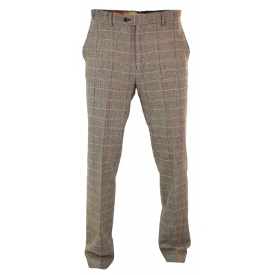 Mens Herringbone Tweed Check Peaky Blinders Trousers Wool Vintage Classic