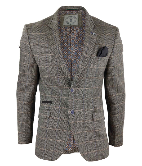 Mens Oak Brown Vintage Check Herringbone Tweed Blazer Jacket or Waistcoat Retro