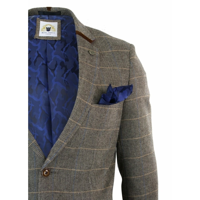 Mens Herringbone Tweed Marc Darcy Tan Brown Slim Fit 2 Button Blazer ...