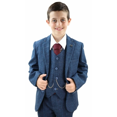 Jungen Blau Tweed 3 Stück Anzug Carnegi - Hochzeit Anzug