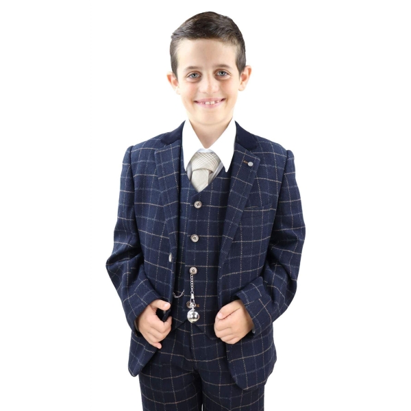 Marineblauer karierter 3-teiliger Anzug für Jungen - Peaky Blinders Anzug Shelby