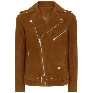 Real Leather Men’s Vintage Cross-Zip Brando Suede Jacket – Camel