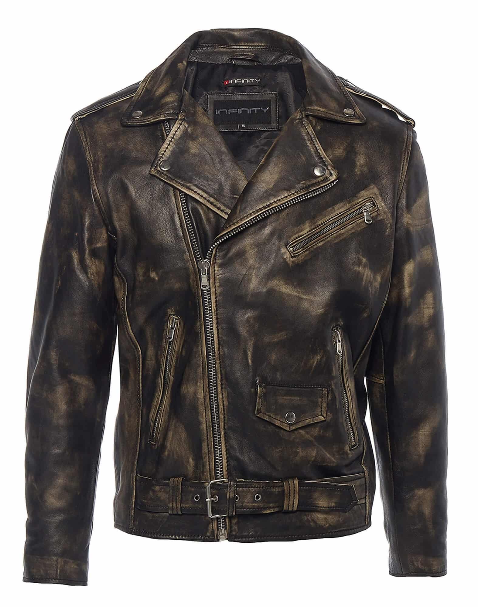 Intinity Brando Mens CrossZip Brando Real Leather JacketBlack Gold Happy Gentleman