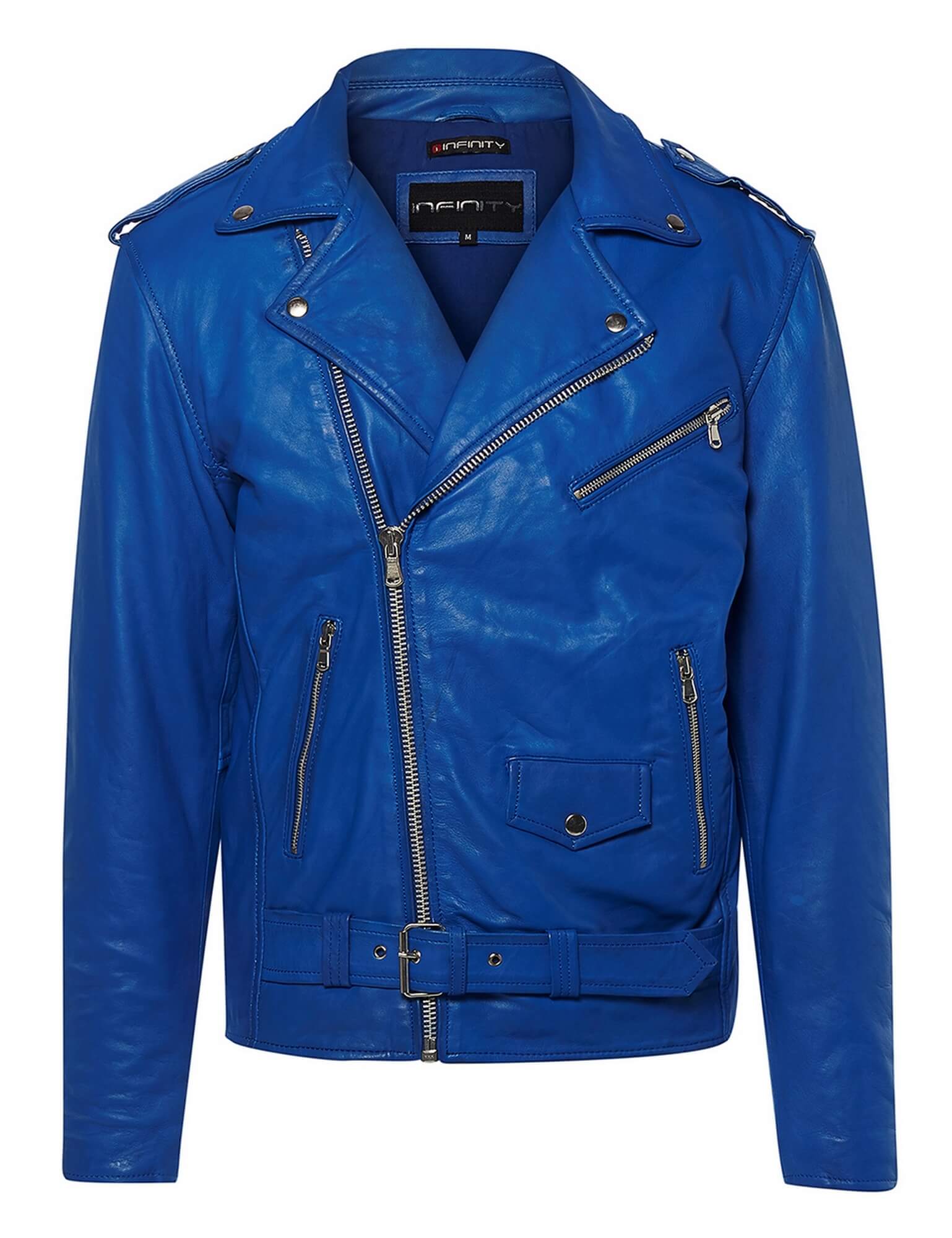 Real Leather Brando - Mens Cross-Zip Brando Jacket-Blue: Buy Online