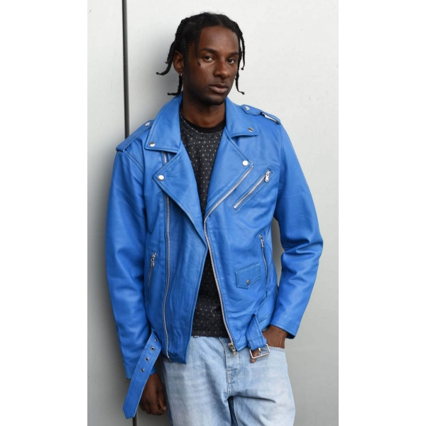 Real Leather Brando - Mens Cross-Zip Brando Jacket-Blue