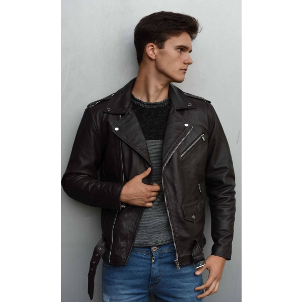 Real Leather Brando - Mens Cross-Zip Brando Jacket-Brown