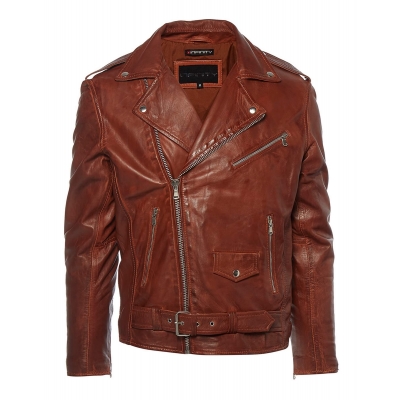 Real Leather Brando - Mens Cross-Zip Brando Jacket-Tan