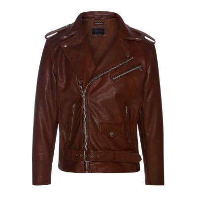 Real Leather Brando - Mens Cross-Zip Brando Jacket-Timber