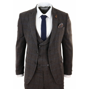 Brauner karierter 3-teiliger Tweed-Anzug