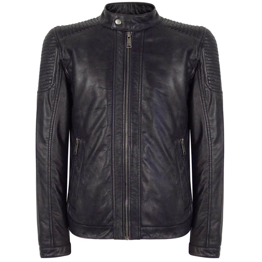 Real Leather Navy-Blue Biker Jacket for Men: Buy Online - Happy Gentleman