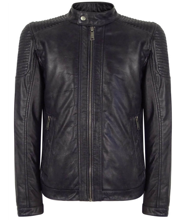 Real Leather Navy-Blue Biker Jacket for Men