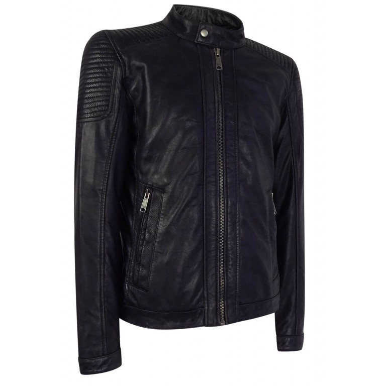 Real Leather Navy-Blue Biker Jacket for Men: Buy Online - Happy Gentleman