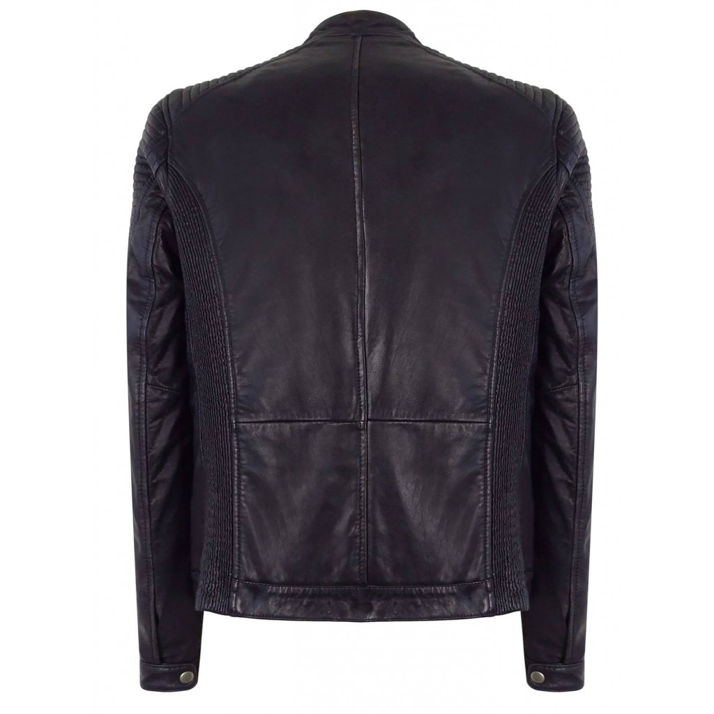 Real Leather Navy-Blue Biker Jacket for Men: Buy Online - Happy Gentleman