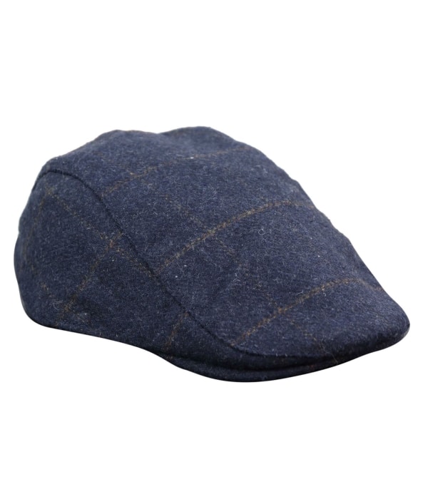 Cavani Kempson Flat Cap - Mens Tweed Wool Check Grandad Hat Vintage - Olive Green/Navy Blue