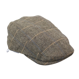 Cavani Albert Mens Tweed Flat Cap – Herringbone Tweed Wool Grandad Flat Hats Vintage – Tan Brown/Charcoal Grey