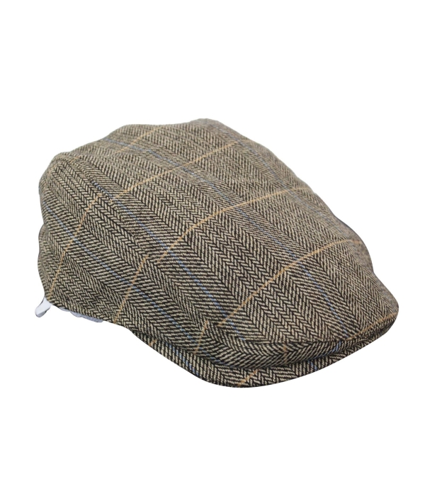 Cavani Albert Mens Tweed Flat Cap - Herringbone Tweed Wool Grandad Flat Hats Vintage - Tan Brown/Charcoal Grey