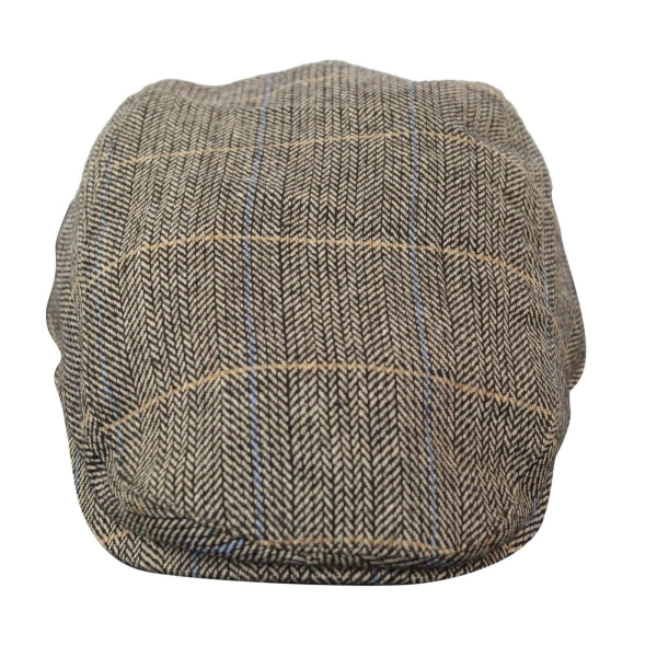 Cavani Albert Mens Tweed Flat Cap - Herringbone Tweed Wool Grandad Flat Hats Vintage - Tan Brown/Charcoal Grey