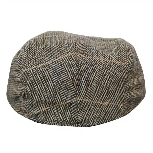 Cavani Albert Mens Tweed Flat Cap - Herringbone Tweed Wool Grandad Flat Hats Vintage - Tan Brown/Charcoal Grey