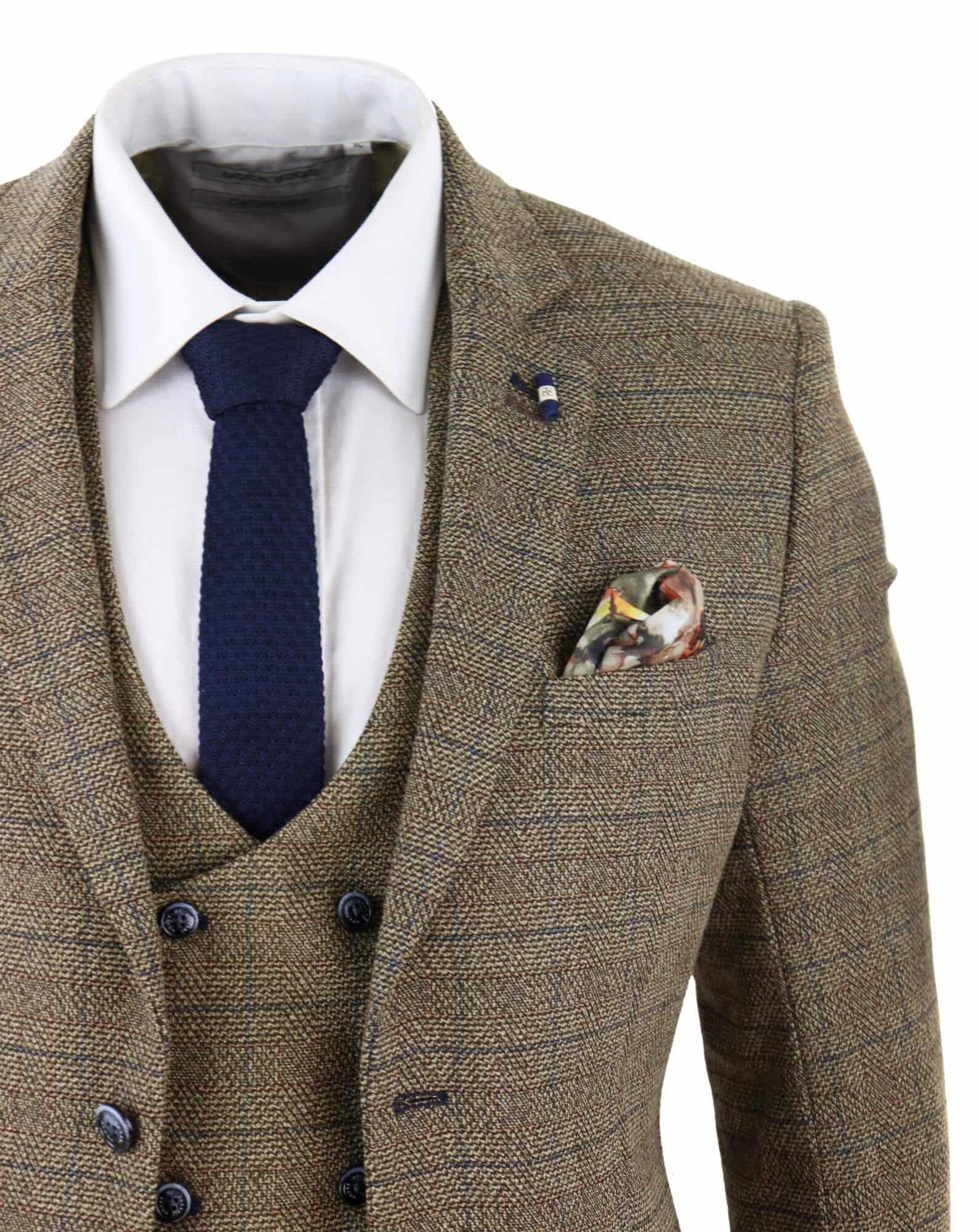 Mens 3 Piece Tweed Suit Oak Brown Herringbone Check Tailored Fit Peaky Blinders 