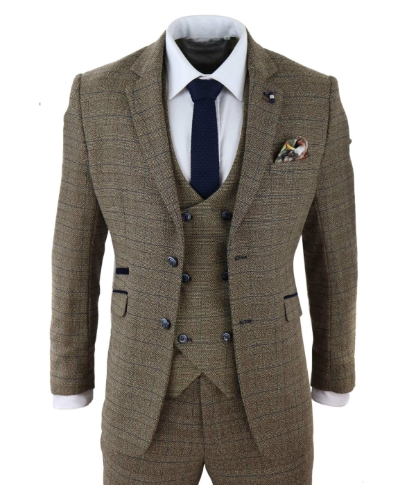 Cavani Ascari - Men's 3 Piece Oak Brown Tweed Check Suit