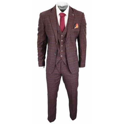 Cavani Carly - Men's 3 Piece Tweed Check Burgundy Suit: Buy Online ...