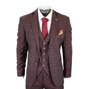 Cavani Carly – Men’s 3 Piece Tweed Check Burgundy Suit