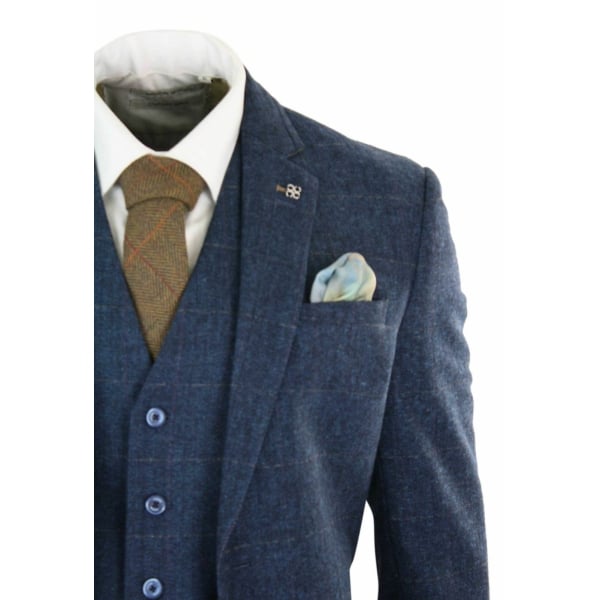Cavani Carnegi - Mens 3 Piece Navy Blue Tweed Check 1920's Vintage Suit