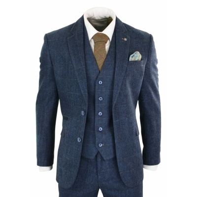 Cavani Carnegi - Herren 3 Stück Marineblau Tweed Check 1920&#039;s Vintage Anzug