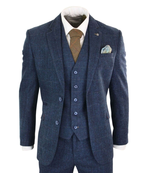 Cavani Carnegi - Mens 3 Piece Navy Blue Tweed Check 1920's Vintage Suit