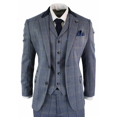 Cavani Connall Mens Check Tweed Wool 3 Piece Blue Suit Vintage Retro Tailored Fit