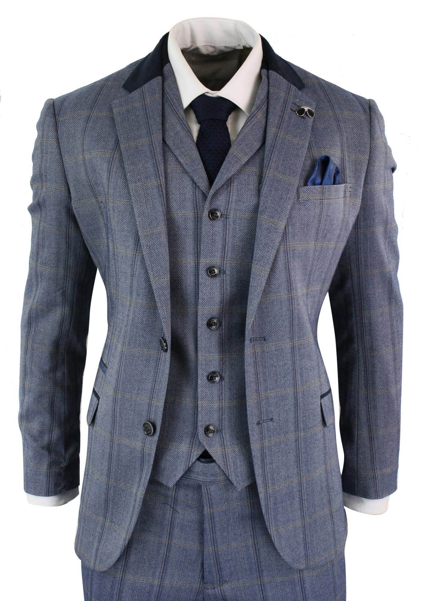 Cavani Connall Mens Check Tweed Wool 3 Piece Blue Suit Vintage Retro ...