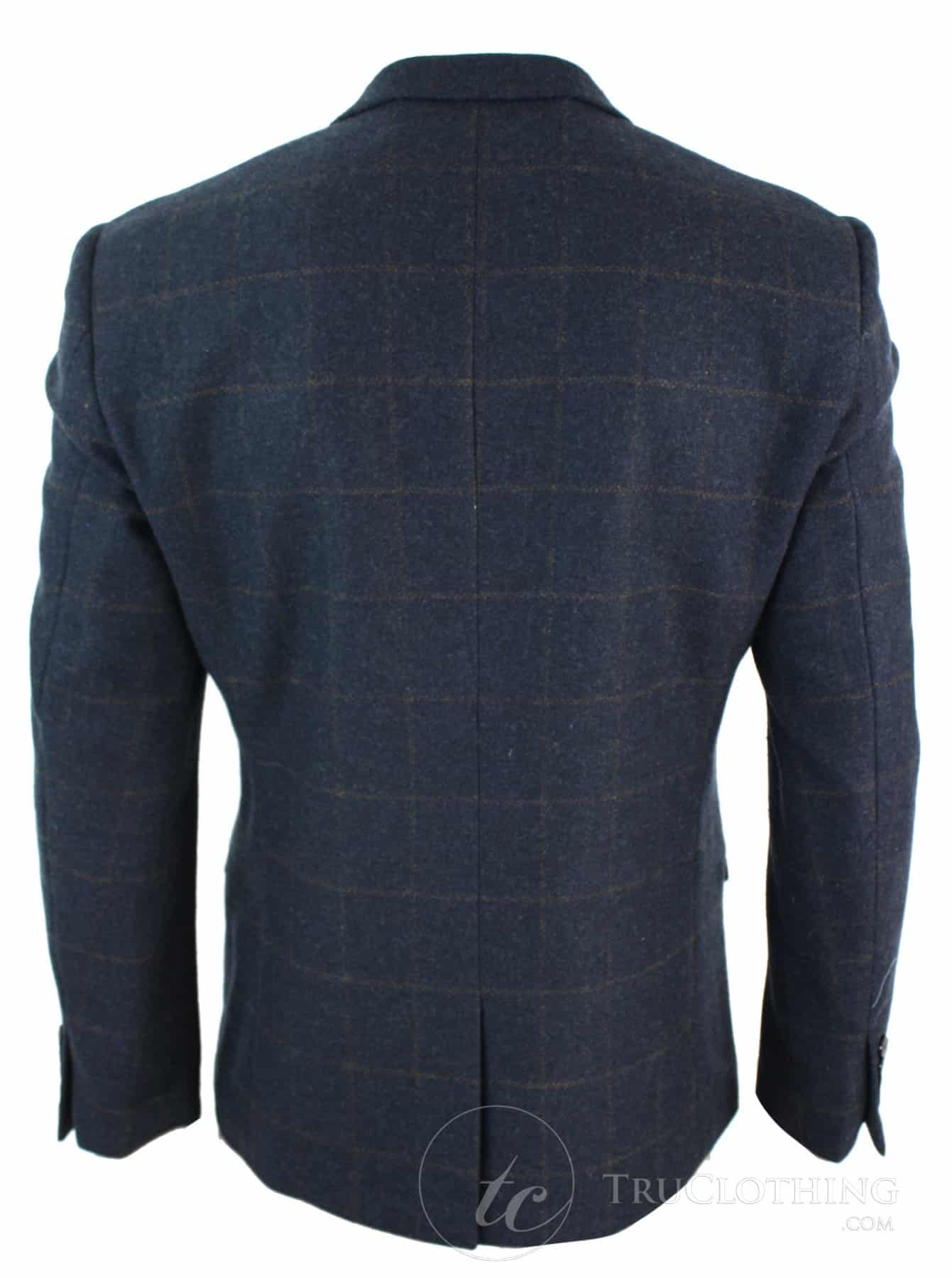 Mens Herringbone Tweed Blazer Smart Casual Tailored Fit Vintage Jacket Navy Blue