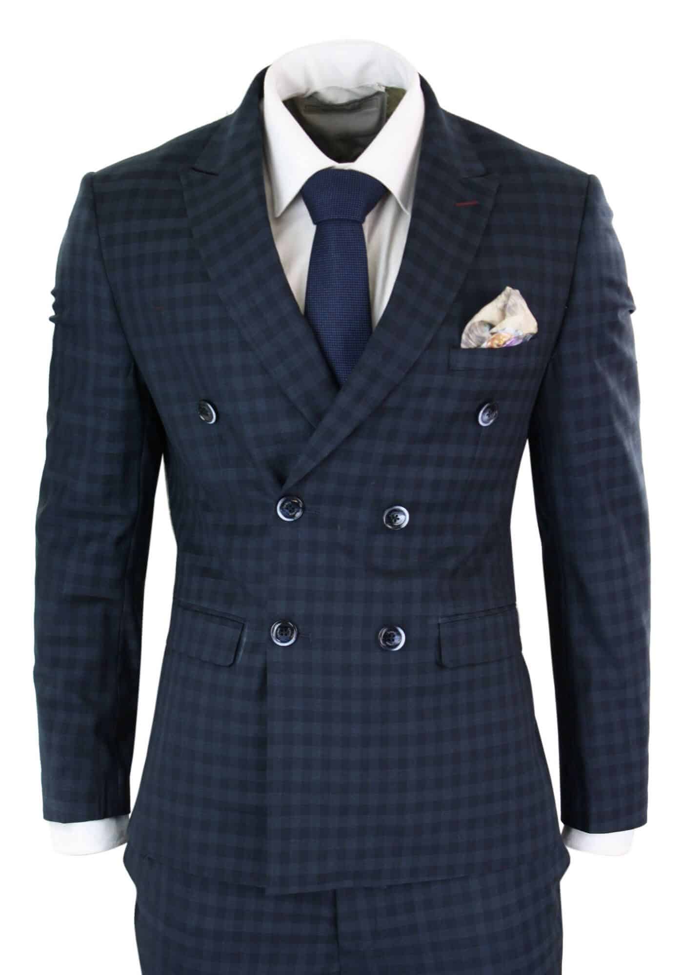 Men S Clothing Mens 3 Piece Classic Tweed Herringbone Check Grey Navy Slim Fit Vintage Suit