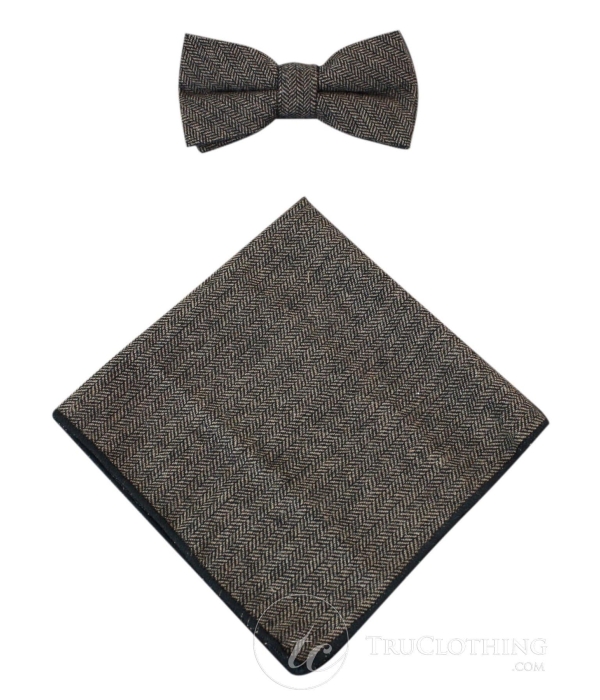 Cavani Martez Bow Tie - Mens Herringbone Tweed Check Bow Tie Hanky Retro Vintage Classic Peaky Blinders