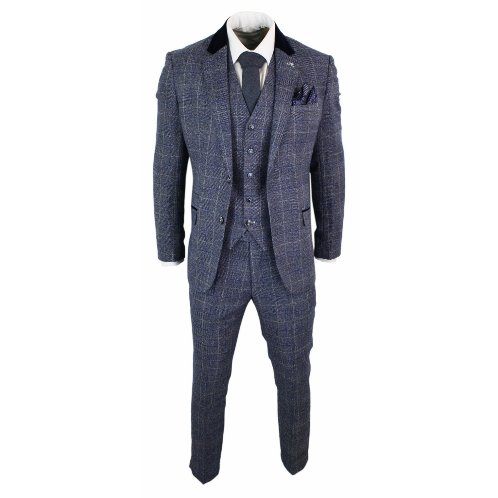 Cavani Miles - Mens Blue Navy 3 Piece Tweed Suit Herringbone Vintage 