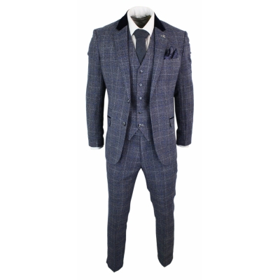 Cavani Miles - Mens Blue Navy 3 Piece Tweed Suit Herringbone Vintage ...