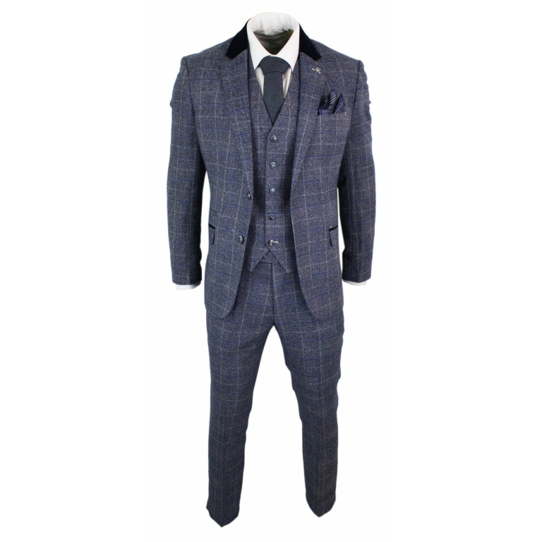 Cavani Miles - Mens Blue Navy 3 Piece Tweed Suit Herringbone Vintage ...