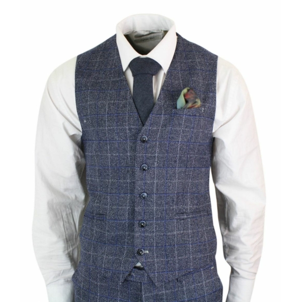 Cavani Miles - Mens Blue Navy 3 Piece Tweed Suit Herringbone Vintage Peaky Blinders 1920's Retro