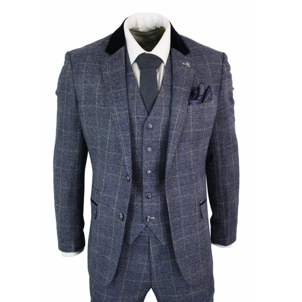 Cavani Miles - Mens Blue Navy 3 Piece Tweed Suit Herringbone Vintage Peaky Blinders 1920's Retro