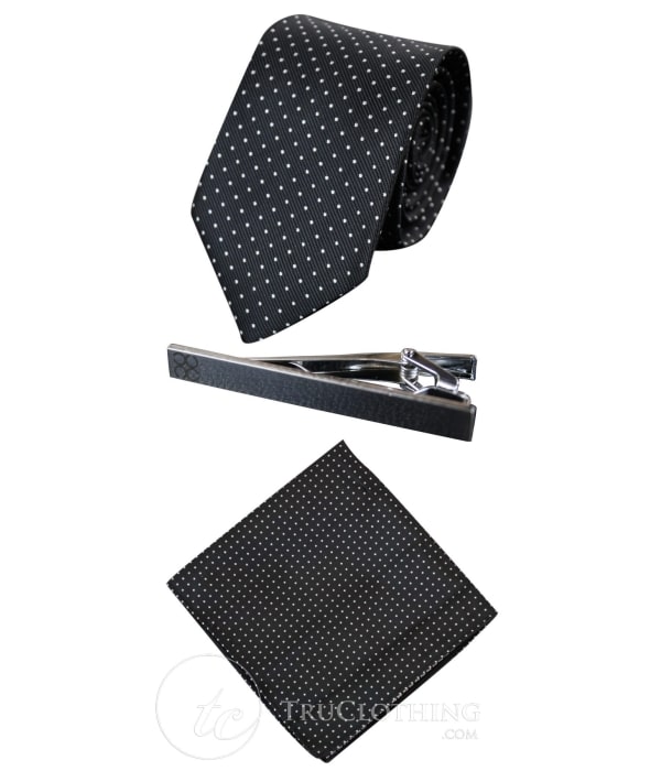 Cavani Satin Tie - Mens Matching Satin Silk Tie Hanky Hankerchief & Tie Clip Polka Dot Wedding Prom Office