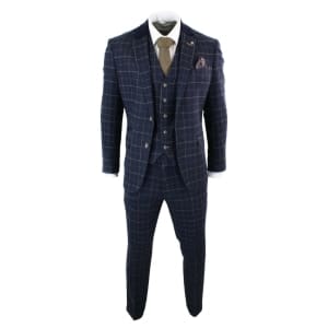 Cavani Shelby - Mens Navy Blue 3 Piece Herringbone Check Suit Vintage ...