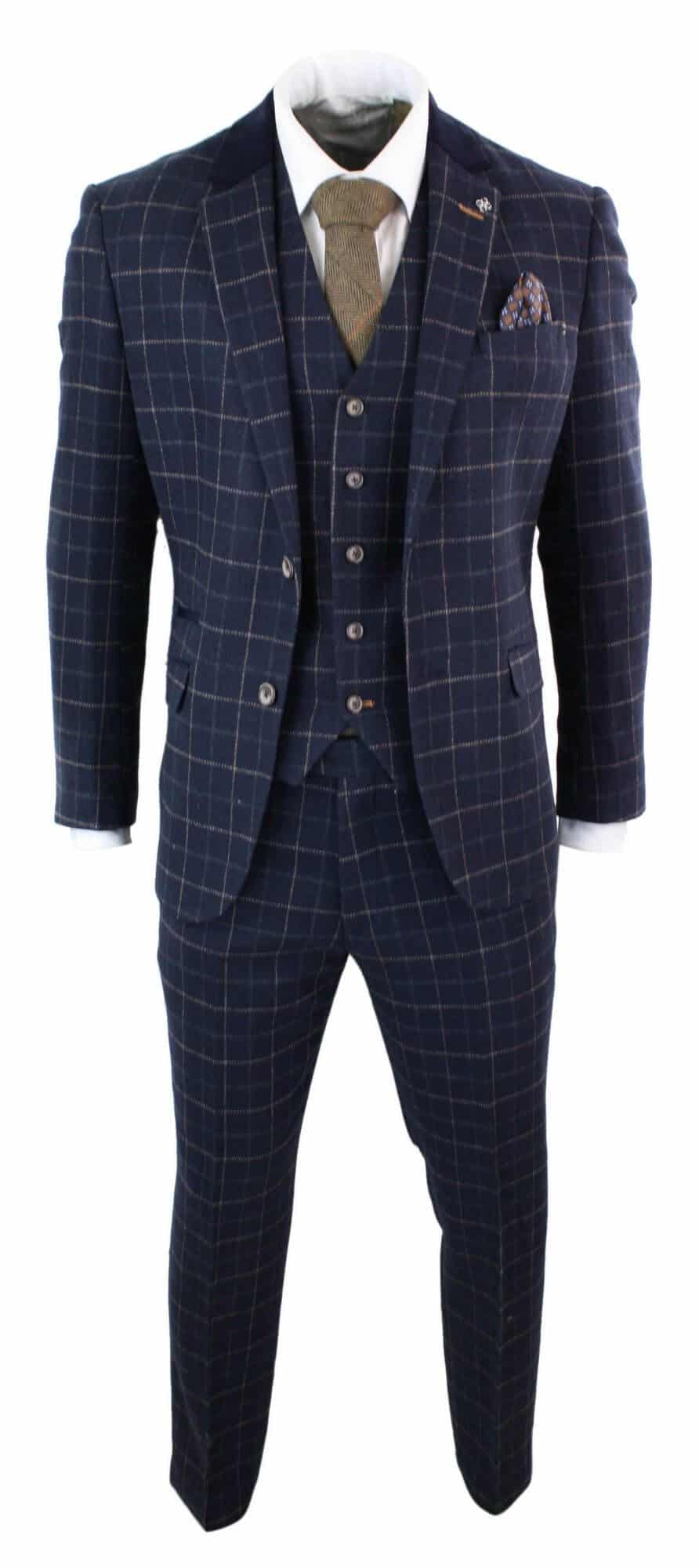 Cavani Mens Tweed 3 Piece Suit Blazer Waistcoat Trousers Checked Peaky Blinders