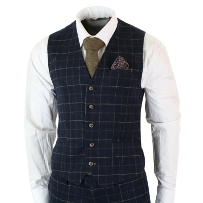 Cavani Shelby - Mens Navy Blue 3 Piece Herringbone Check Suit Vintage ...