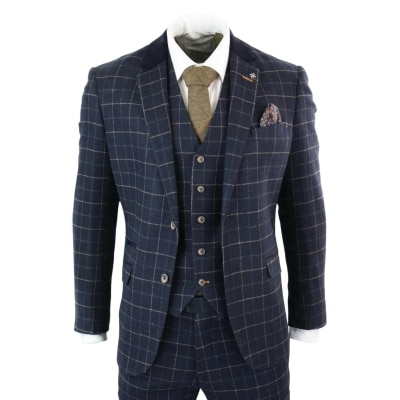 Classic Tweed Wool Blend Men Suit Herringbone Check Plaid Khaki Striped Blazer 