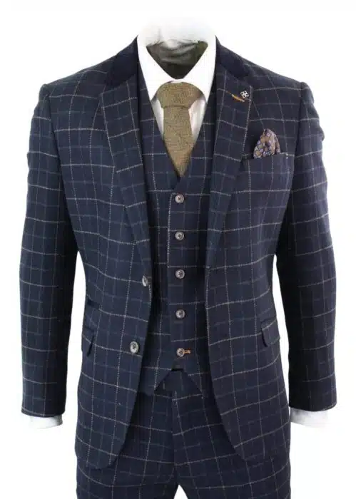 Cavani Shelby - Mens Navy Blue 3 Piece Herringbone Check Suit Vintage Retro Peaky Blinders Tweed