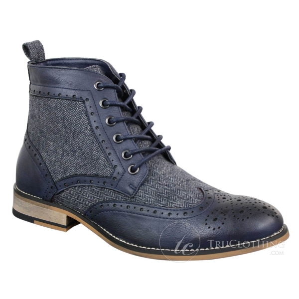 Cavani Sherlock - Mens Leather & Tweed Herringbone Ankle Boots