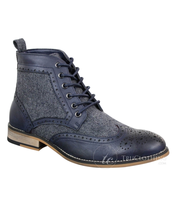 Cavani Sherlock - Mens Leather & Tweed Herringbone Ankle Boots