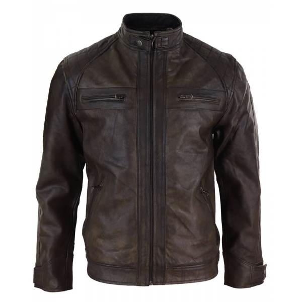 Real Leather Mens Brown Classic Biker Jacket - Brown Biker
